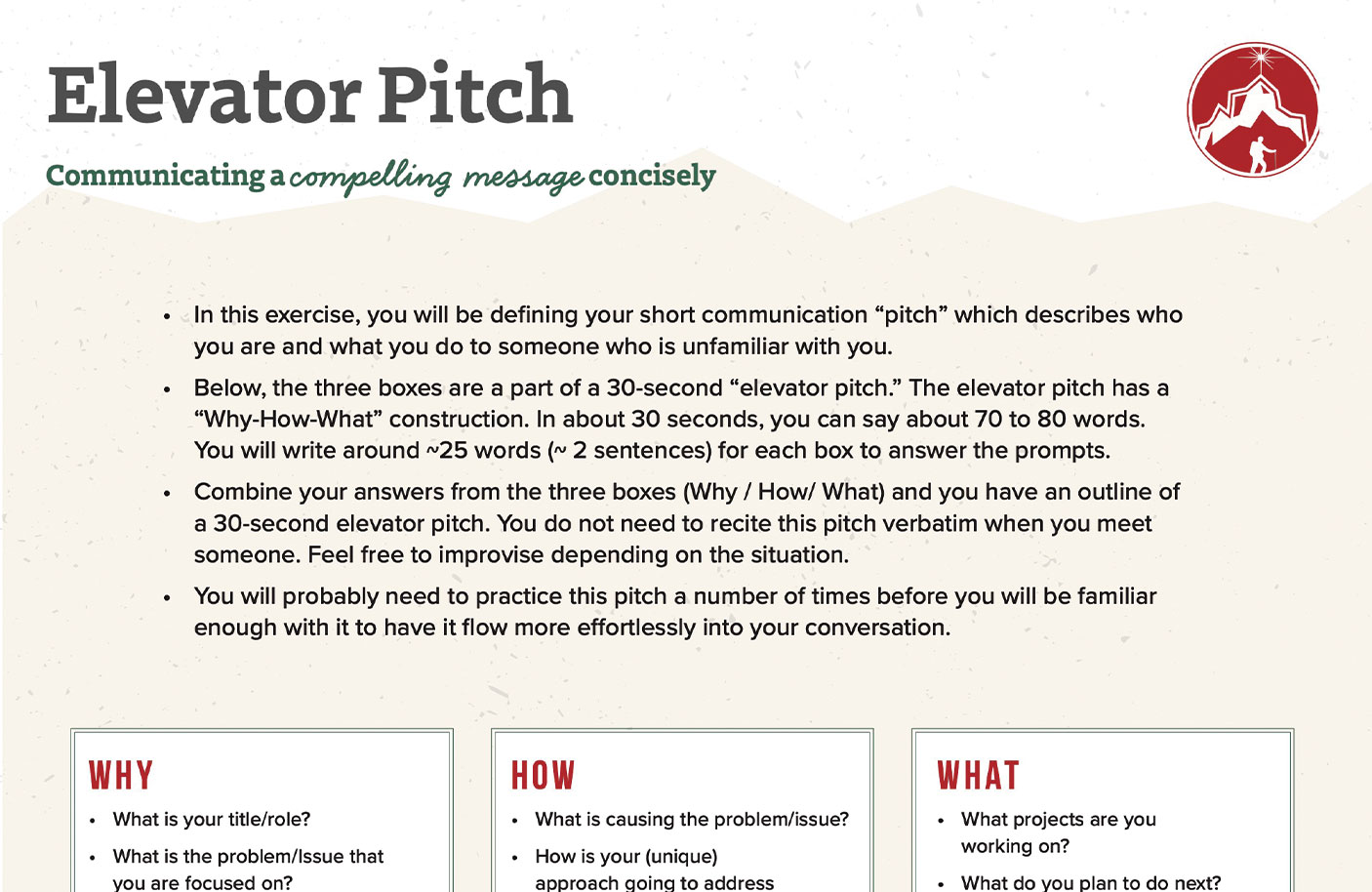 Elevator Pitch Worksheet